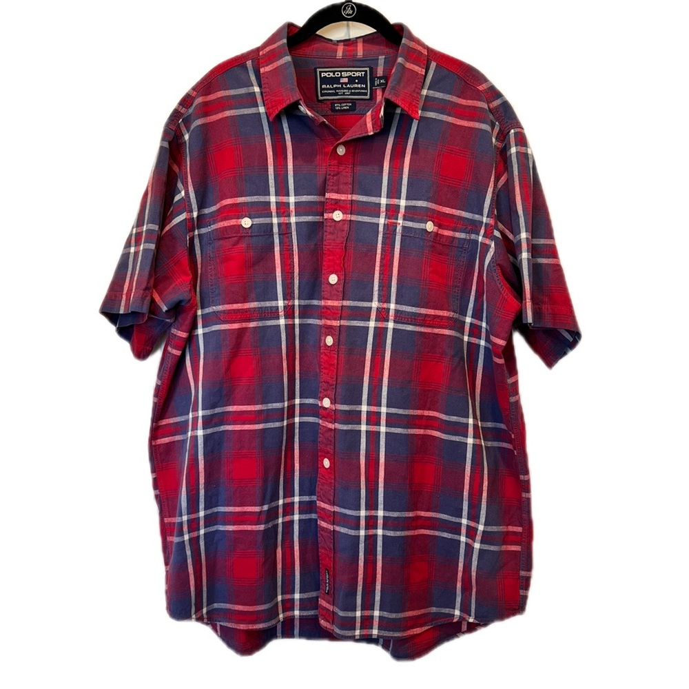 Ralph Lauren Cotton Linen Blend Red & Blue Plaid Short Sleeve  Shirt XL